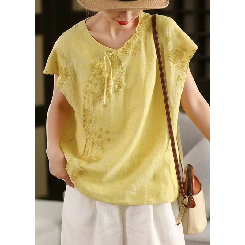 Chic Yellow Embroideried Chinese Button Linen Tanks Summer