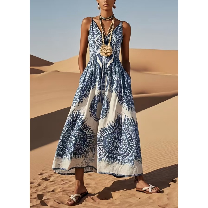 Classy Blue V Neck Print Cotton Cami Dress Summer