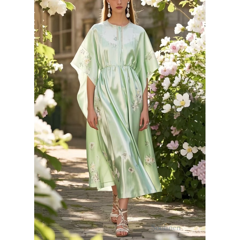 Classy Fruit Green Print Silk Holiday Dress Batwing Sleeve