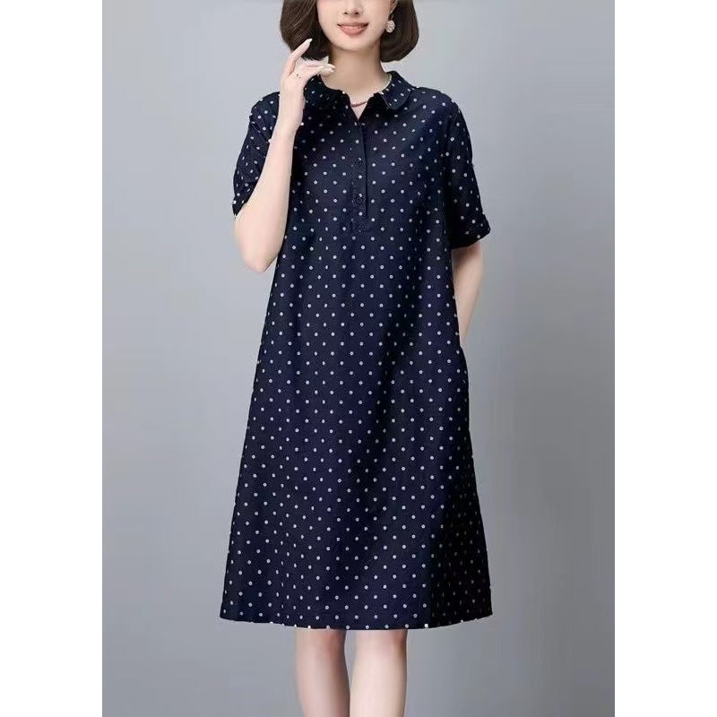 Classy Navy Peter Pan Collar Dot Pring Cotton Mid Dress Summer