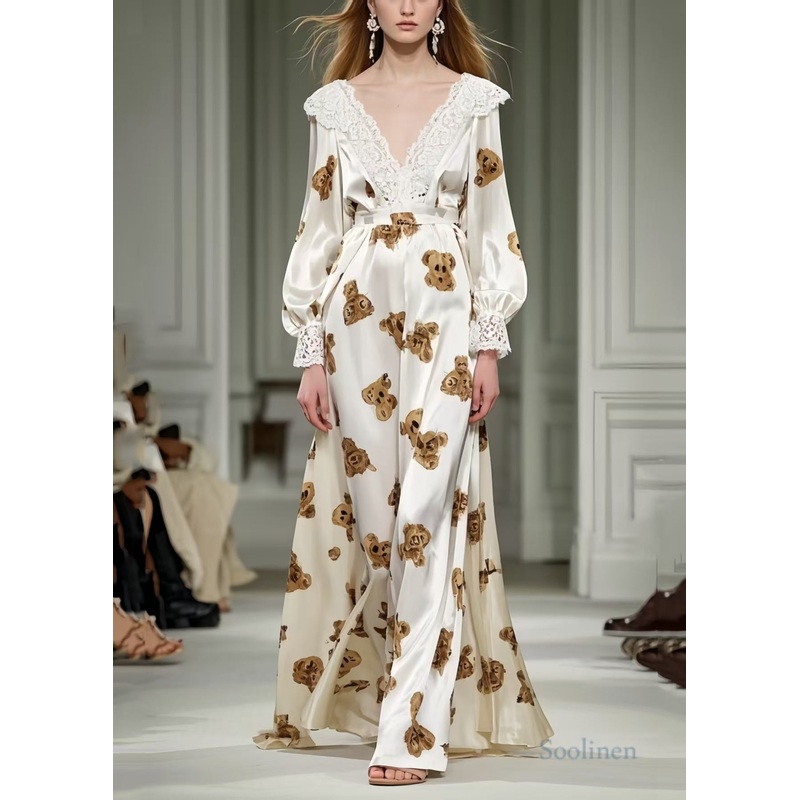 Cute Little Bear Print Patchwork Lace Silk Long Dress Spring