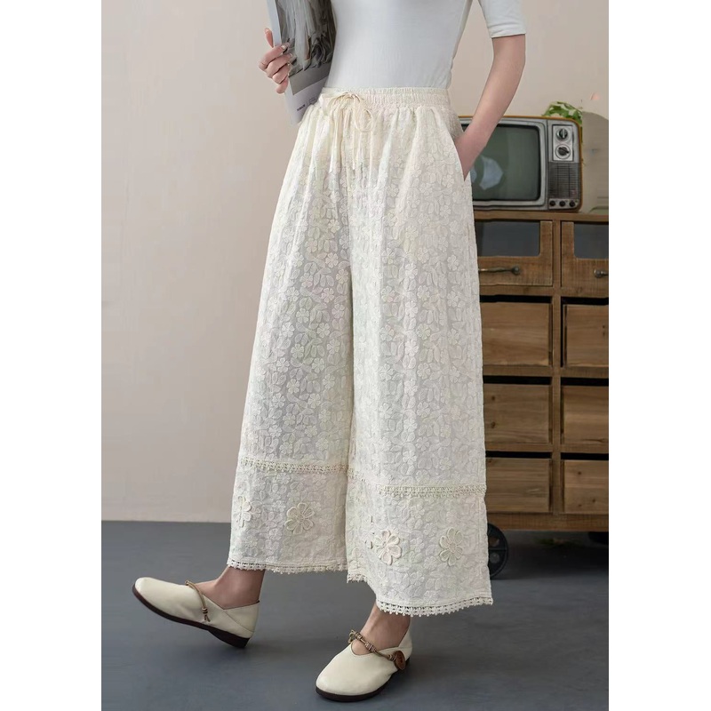 DIY White Embroidered Floral Cotton Crop Pants Trousers Summer