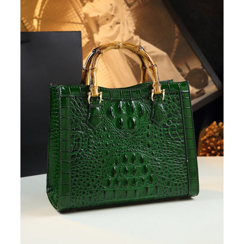 Elegant Green Embossed Versatile Calf Leather Tote Handbag