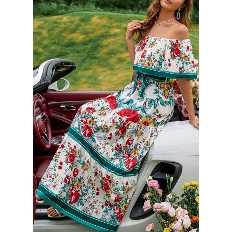 Elegant Green Slash Neck Print Cotton Long Dresses Summer