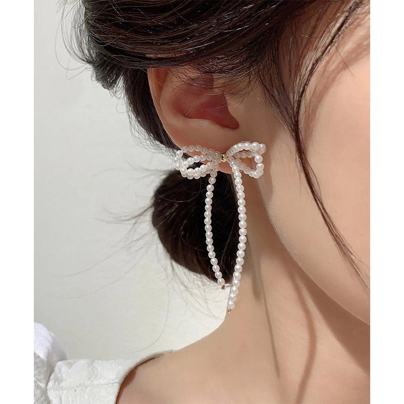 Elegant White Alloy Pearl Butterfly Tassel Drop Earrings