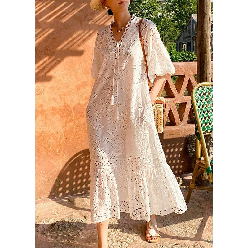 Elegant White Embroidered Hollow Out Pockets Cotton Long Dress Puff Sleeve