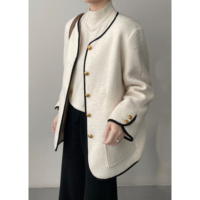 Elegant White Pockets Patchwork Woolen Coat Long Sleeve