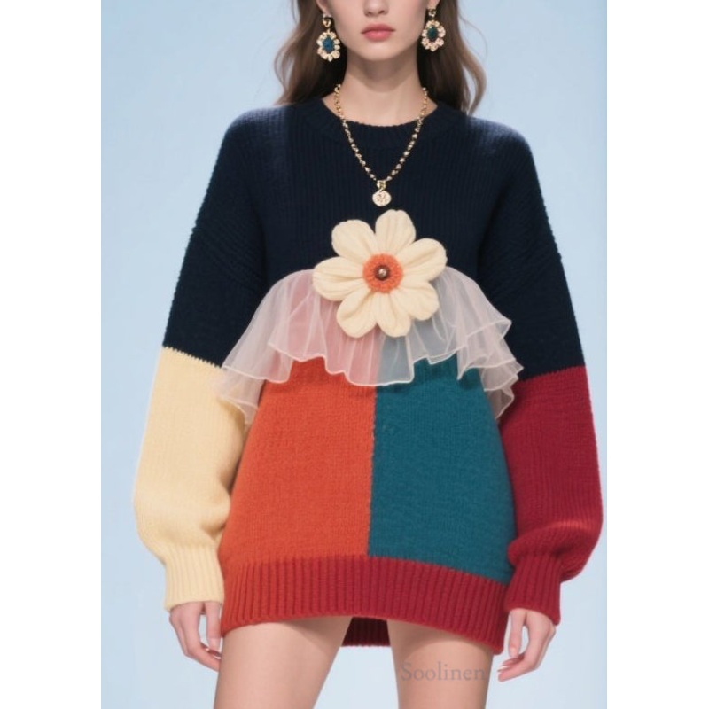 Fashion Colorblock O Neck Floral Tulle Patchwork Knit Pullover Fall