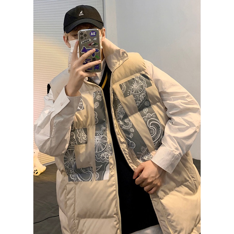 Fashion Khaki Oversized Print Fine Cotton Filled Mens Puffers Vests Winter