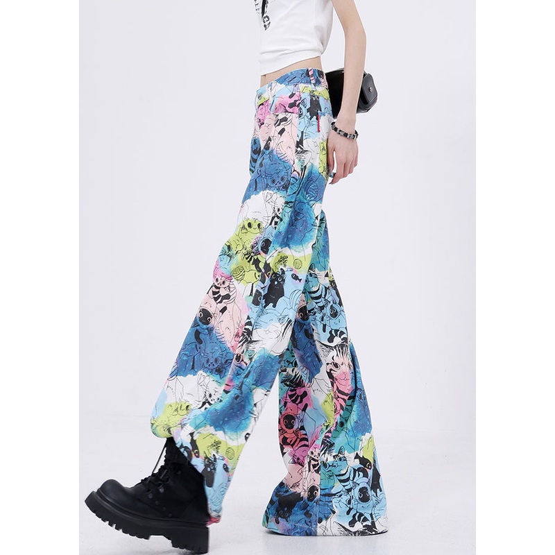 Fashion Pockets Cartoon Print Denim Wide Leg Pants Fall