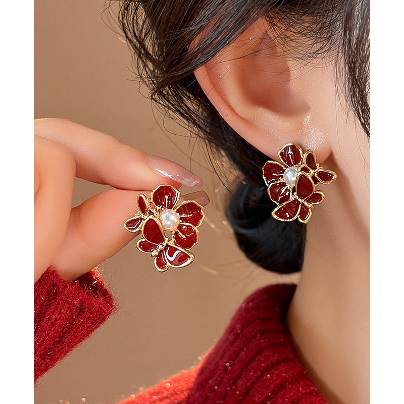Fashion Red Copper Alloy Butterfly Pearl Stud Earrings