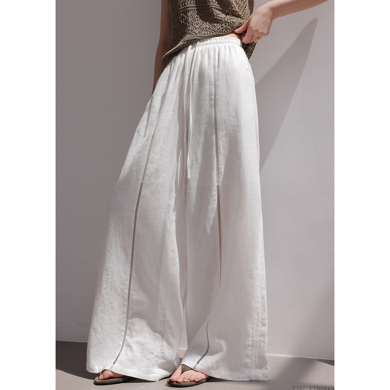 Fine White Hollow Out Drawstring Linen Wide Leg Pants Summer