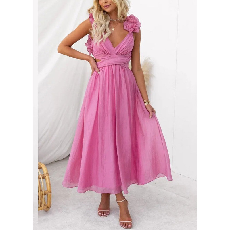 Floral Pink V Neck Lace Up Cotton Long Dress Sleeveless