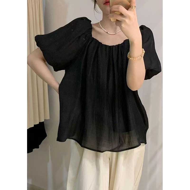 French Black Wrinkled Puff Sleeve Chiffon Tops