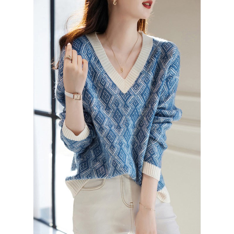 French Blue V Neck Plaid Cozy Knit Sweater Spring