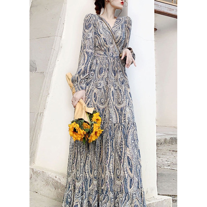 French Blue V Neck Print Tunic Long Dress Spring