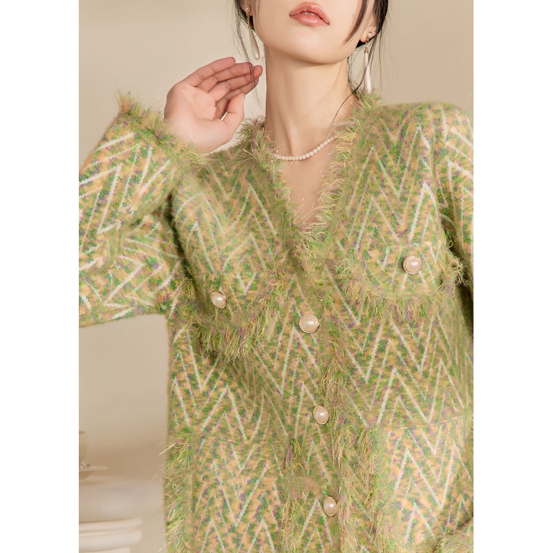 French Green V Neck Print Tassel Button Cotton Knit Cardigans Spring