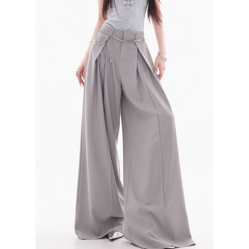 French Grey High Waist Solid Spandex Wide Leg Pants Fall