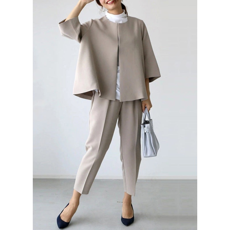 French Khaki O Neck Tops And Crop Pants Spandex Two Piece Set Bracelet Sleeve