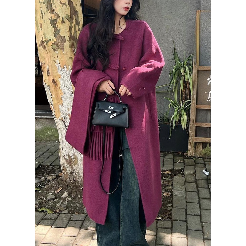 French Purple O Neck Oriental Button Woolen Coats Spring