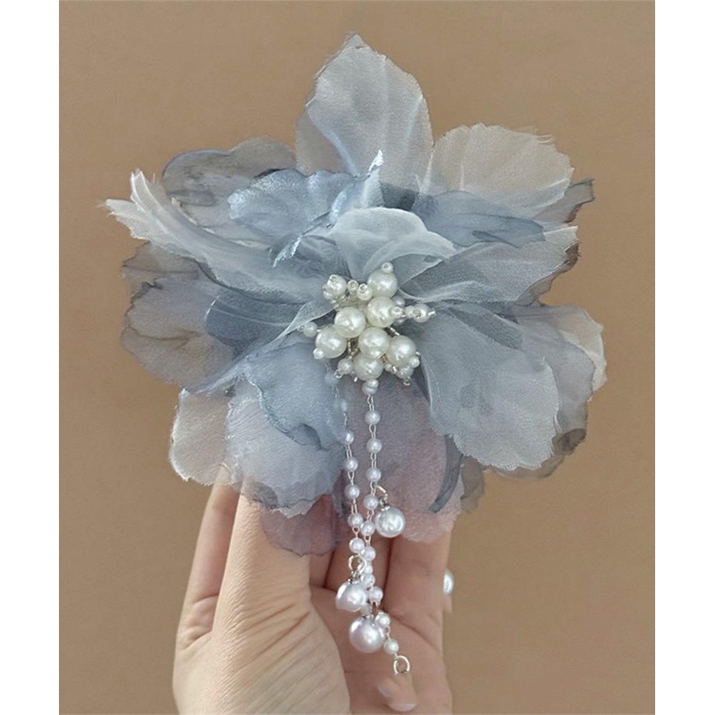 Gradient Color Blue Tulle Pearl Floral Tassel Hairpin