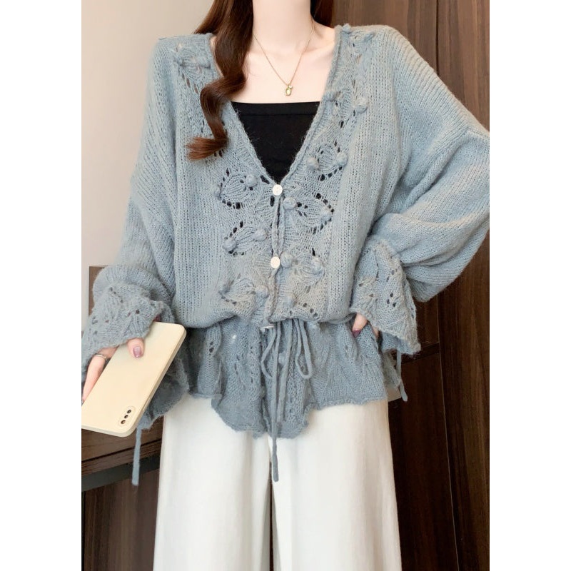 Grey Hollow Out Knit Cardigans Oversized Fall