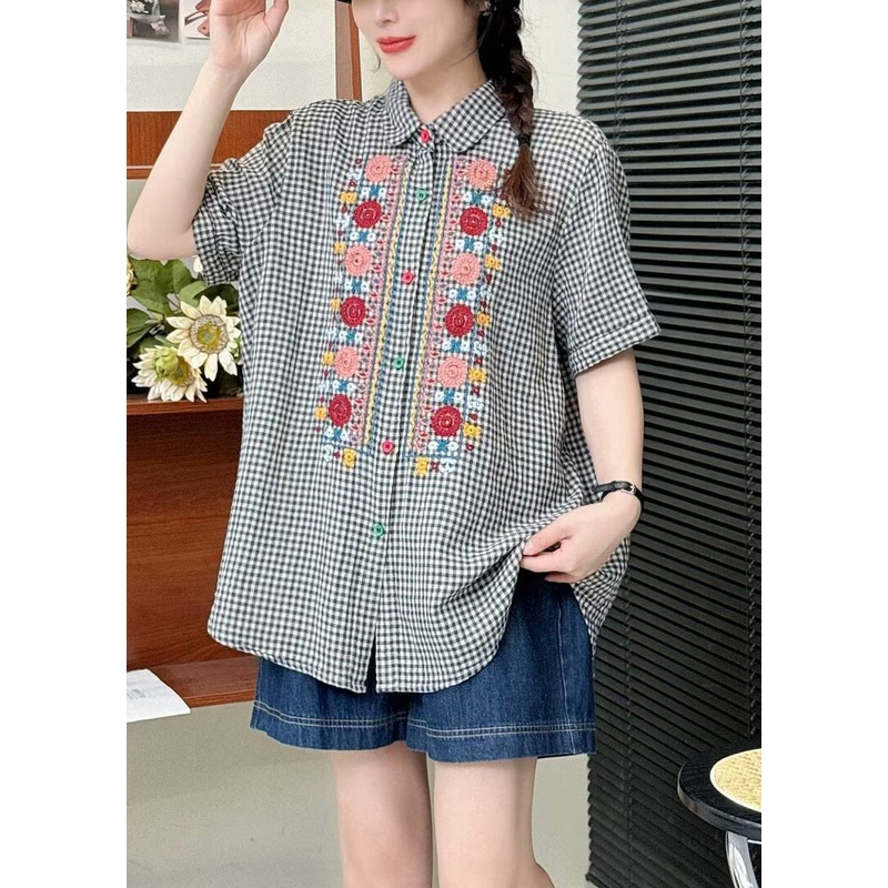 Grey Plaid Linen Shirt Tops Embroidered Summer