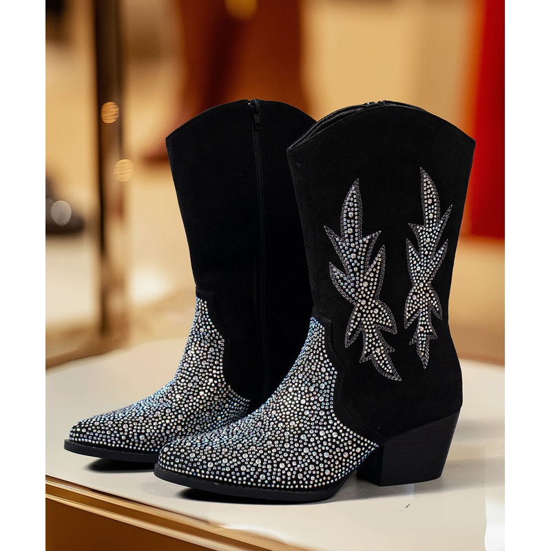 Handmade Black Zircon Zippered Suede Pointed Toe Chunky Boots