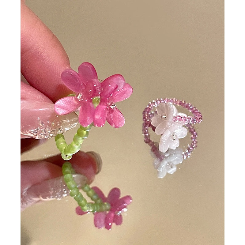 Handmade Colorblock Acrylic Floral Beads Rings Two-Piece Set