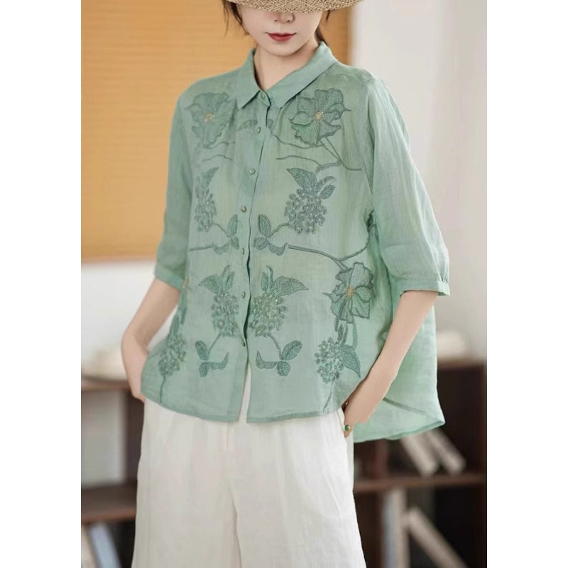Handmade Green Embroidered Button Linen Shirt Half Sleeve