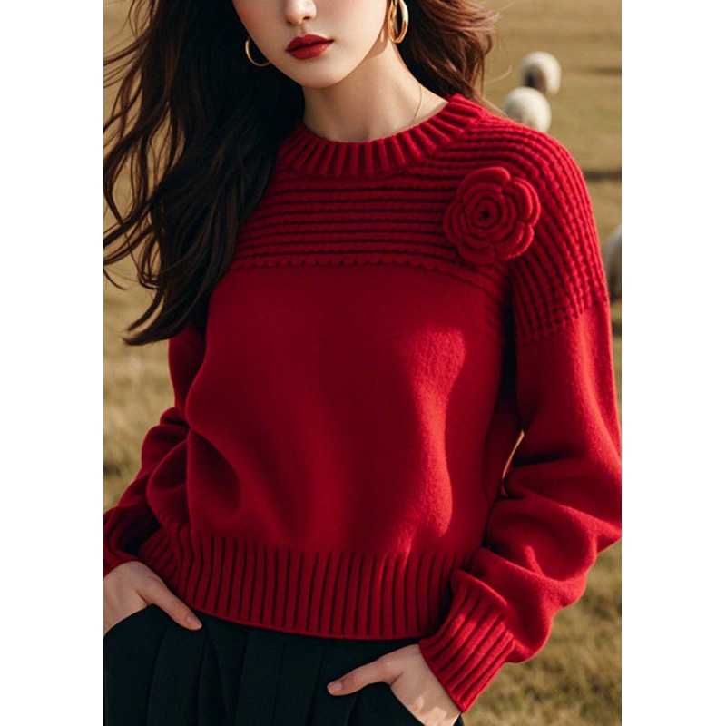 Handmade Red O Neck Thick Floral Knit Sweaters Winter