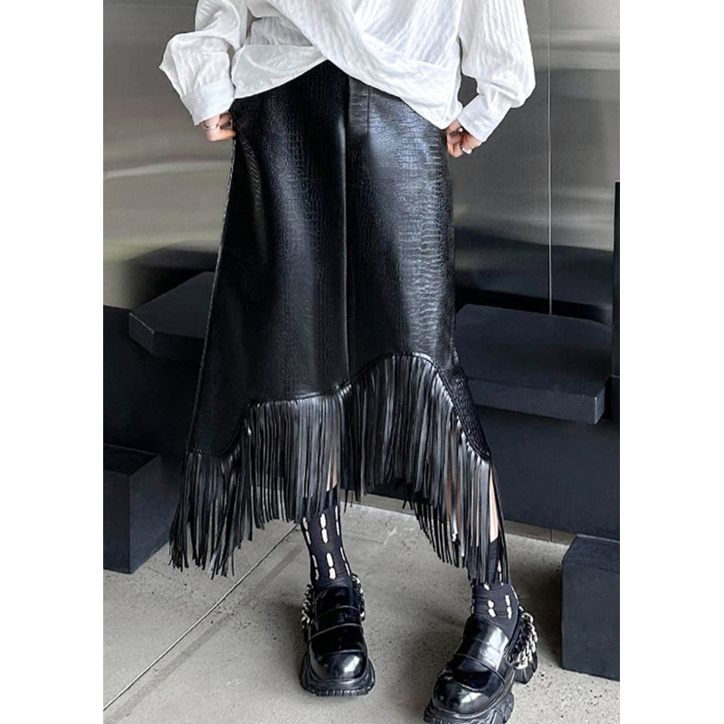 Italian Black Tasseled Patchwork Faux Leather Skirts Winter