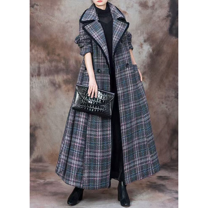 Italian Blue Plaid Pockets Patchwork Cotton Long Coats Winter
