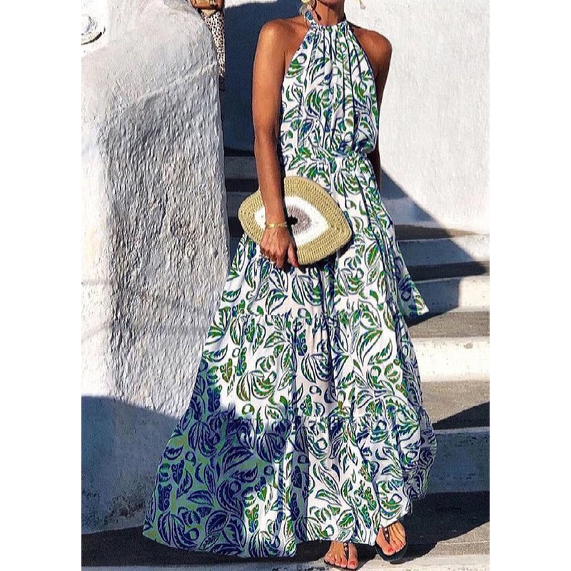 Italian Green Backless Print Cotton Halter Dresses Summer