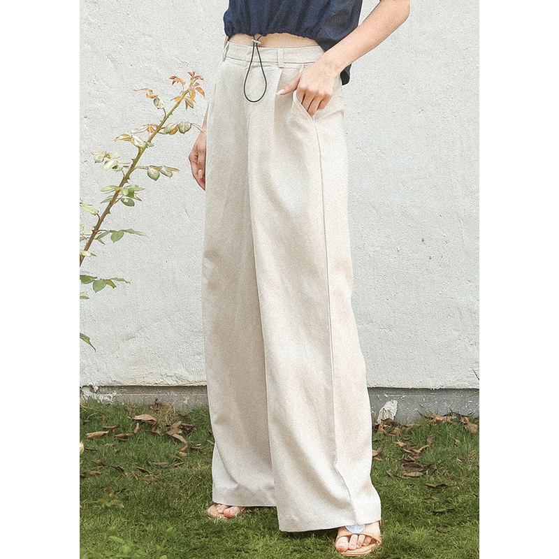 Italian Simple Beige Pockets Linen Straight Pants Spring