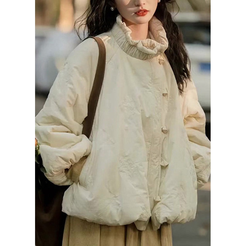 Loose Beige Ruffled Pockets Fine Cotton Filled Coat Lantern Sleeve
