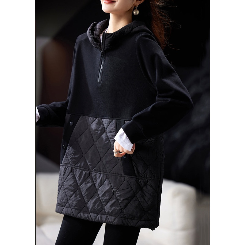 Loose Black Hooded Zippered Patchwork Sweatshirts Spring