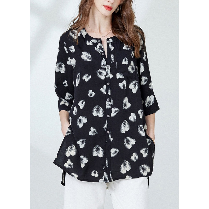 Loose Black Print Side Open Chiffon Blouses Bracelet Sleeve