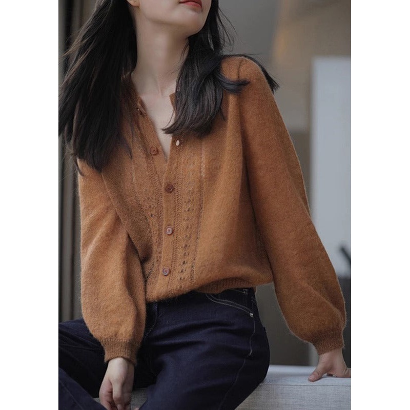 Loose Caramel Button Hollow Out Knit Sweater Spring