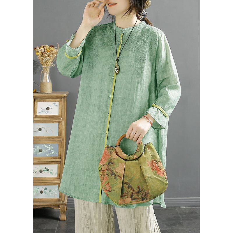 Loose Green Embroidered Button Cotton Shirt Summer