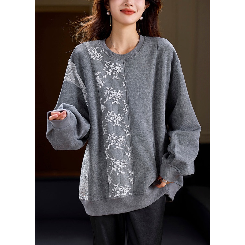 Loose Grey O Neck Lace Patchwork Sweatshirts Spring