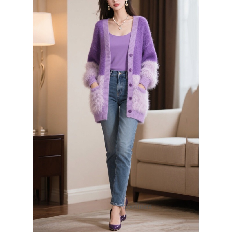 Modern Purple Oversized Patchwork Faux Fur Knit Cardigan Winter