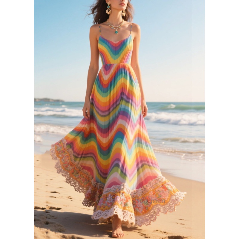 Modern Rainbow Striped Patchwork Exra Large Hem Chiffon Cami Dresses Summer
