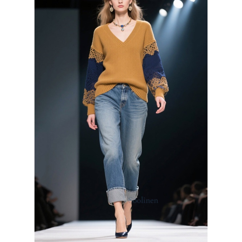 Natural Brown V Neck Patchwork Lace Knit Pullover Winter