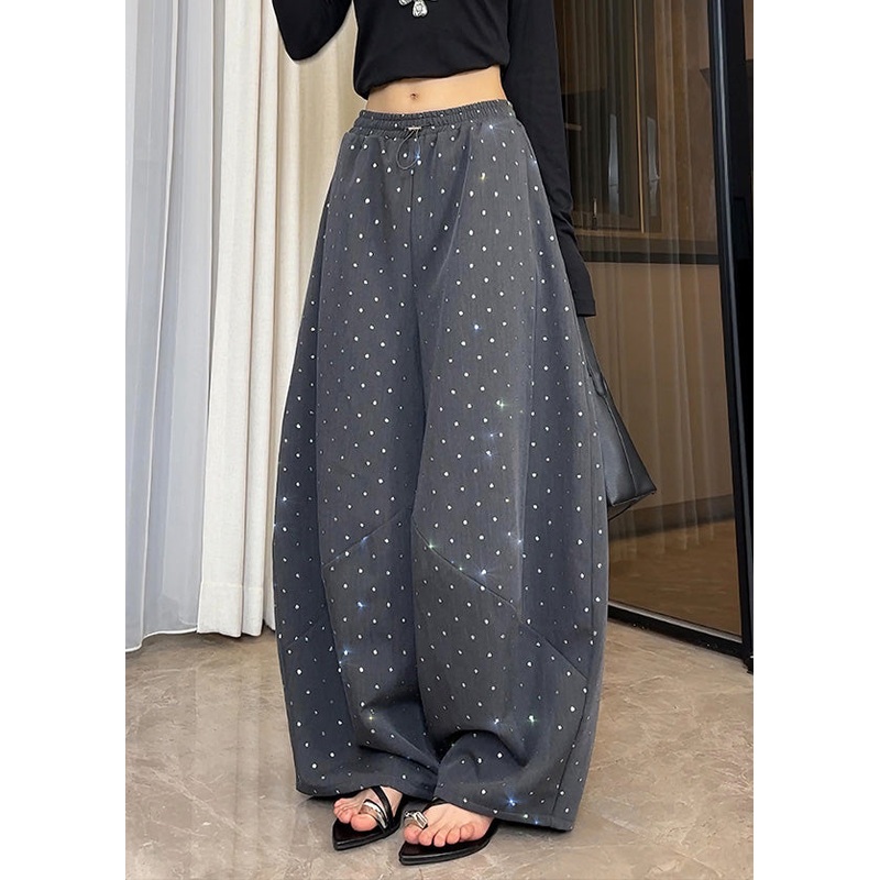 New Grey Dot Pockets Elastic Waist Cotton Wide Leg Pants Fall