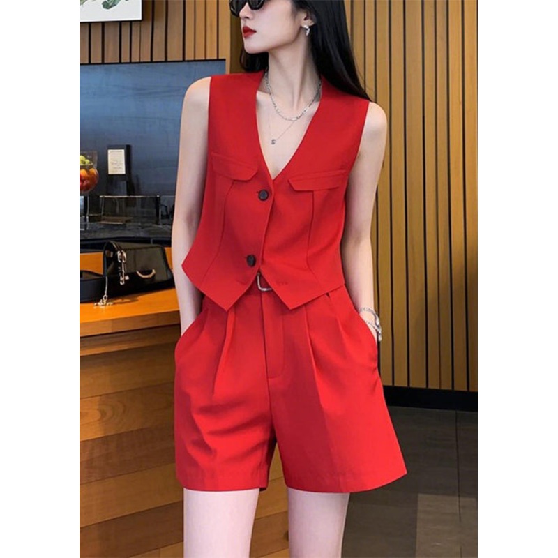 New Red V Neck Button Waistcoat And Shorts Spandex Two Pieces Set Sleeveless