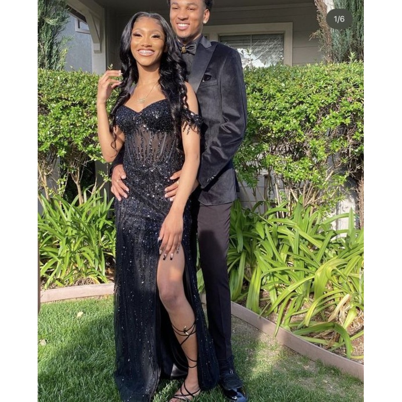 Off The Shoulder Black Long Prom Dress Slit Sequin Evening Dress J4949