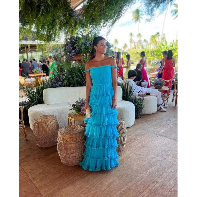 Off The Shoulder Blue A Line Layered Long Prom Dresses J2774