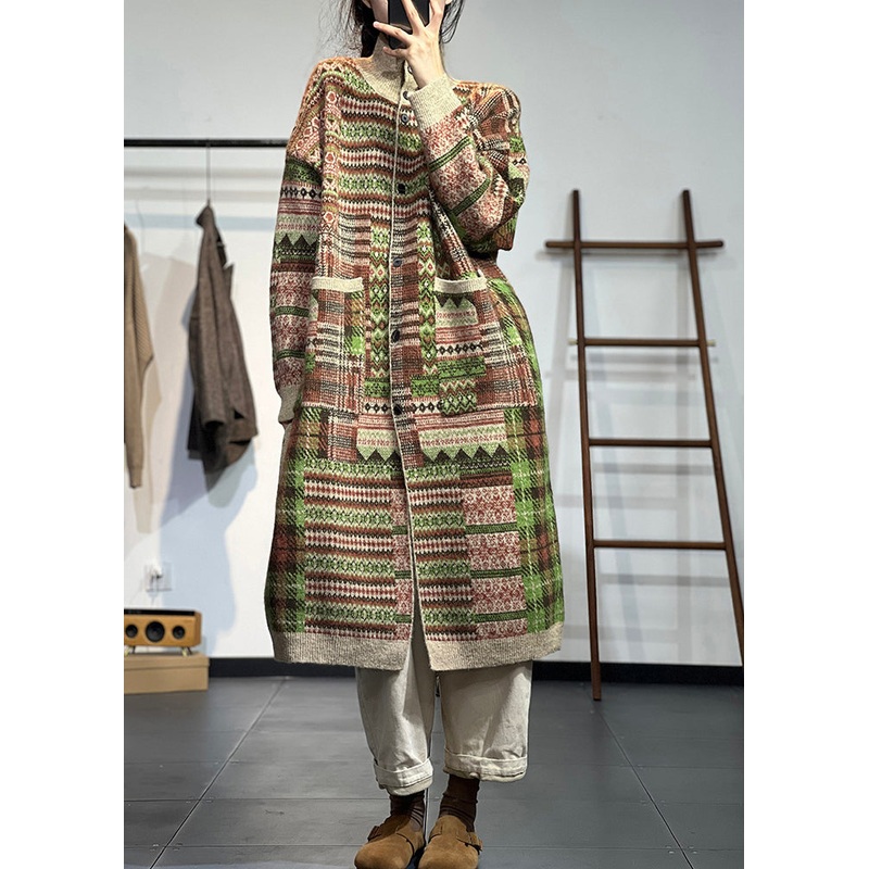 Original Khaki High Neck Print Pockets Knit Cardigans Spring