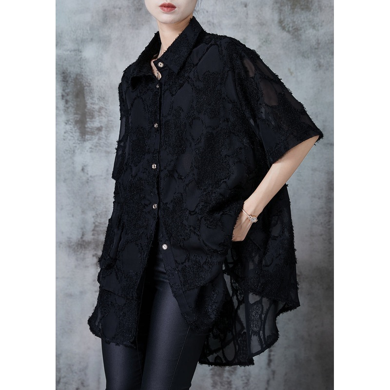 Plus Size Black Oversized Tasseled Chiffon Top Summer
